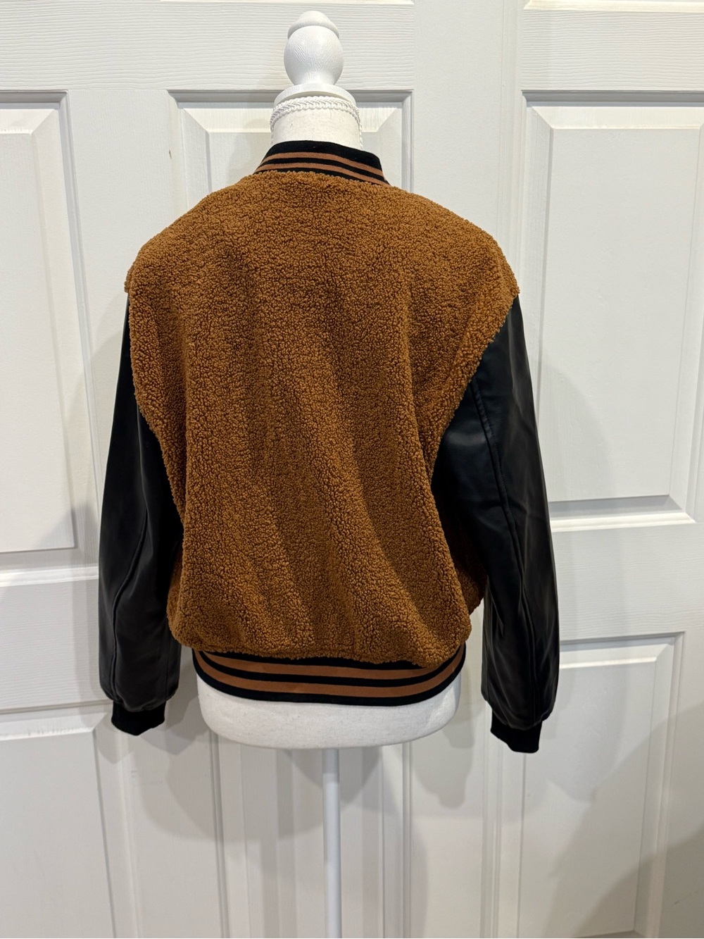 Teddy Varsity Jacket Faux Leather Sleeves Brown Cropped Bomber S - Picture 7 of 10